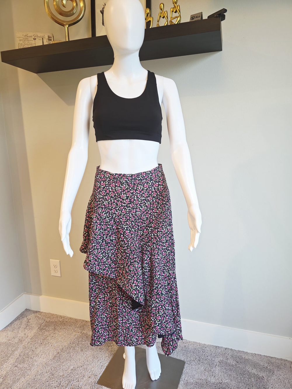 Rachel Zoe Black Floral High-Low Midi Skirt with Pink Flowers